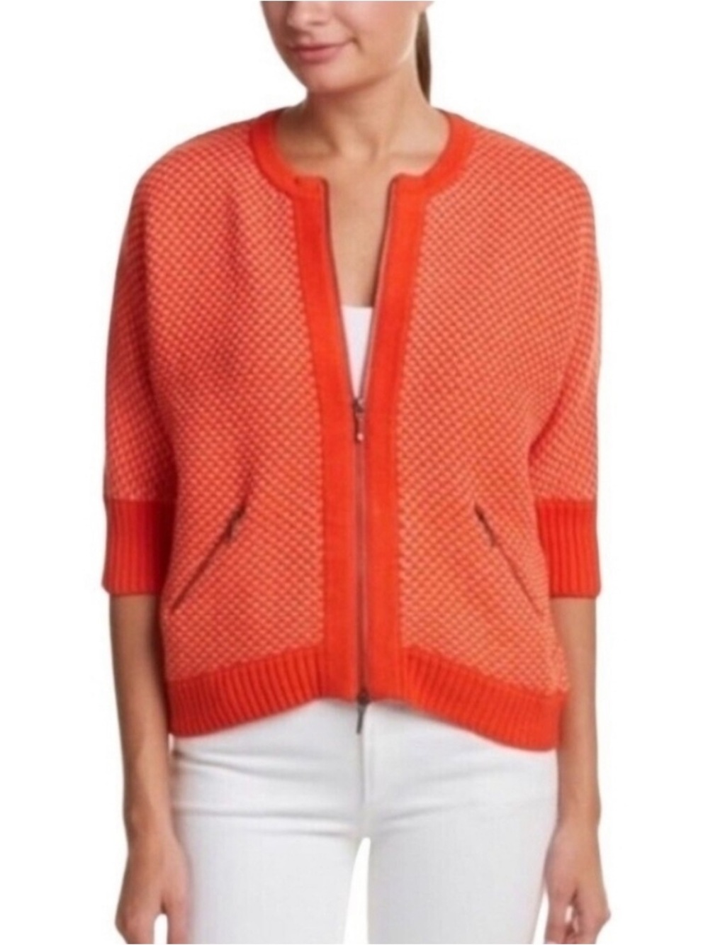 CAbi Grenadine Cotton Knit Cocoon Front Zip Cardigan (A)